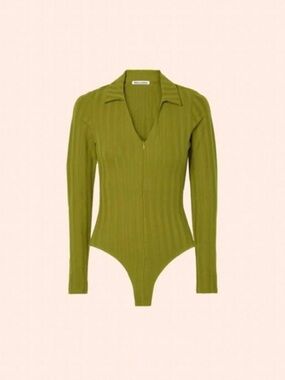 Olive Green Ribbed Long-Sleeve Bodysuit with Collar